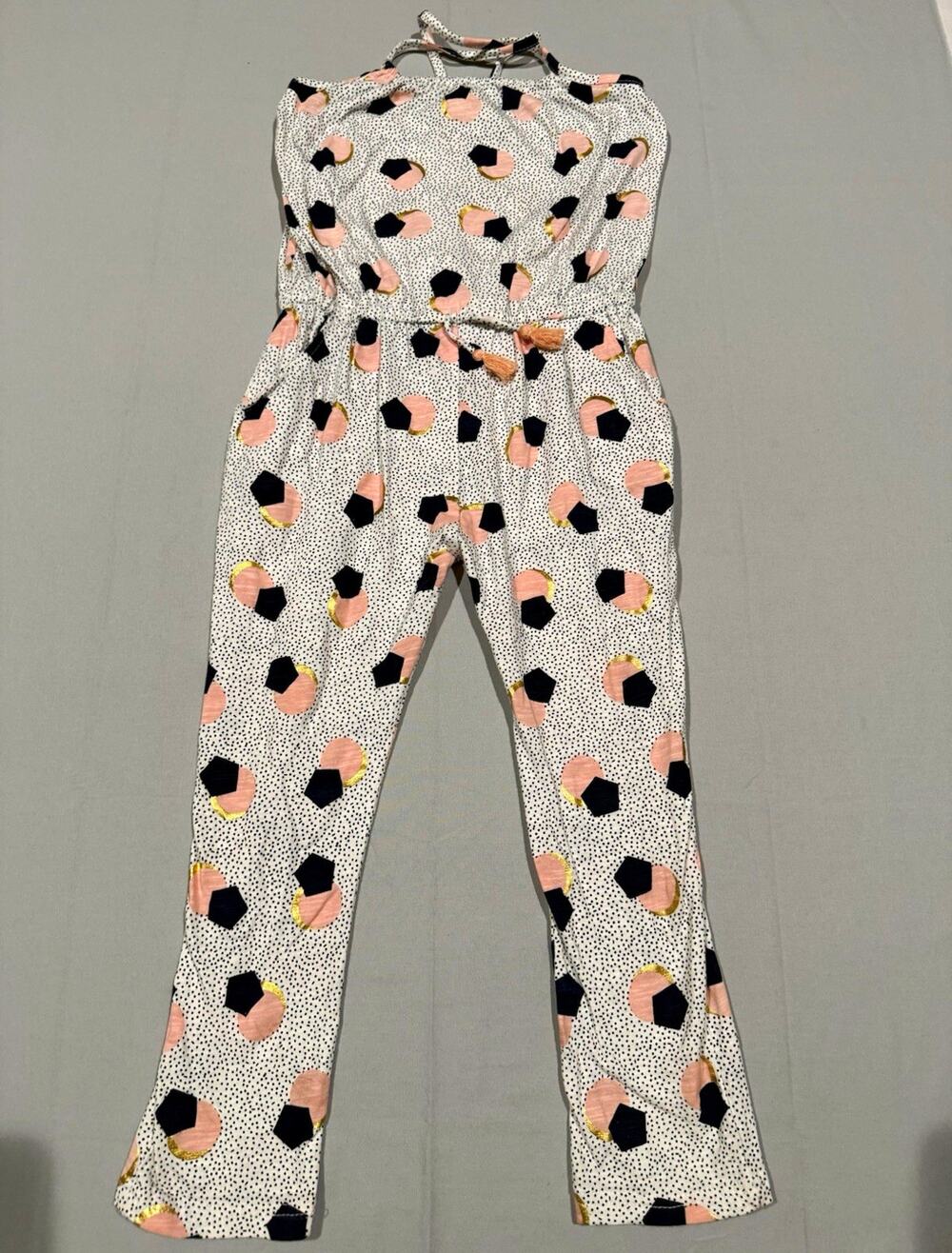 Halter Sleeveless Polka Dot Jumpsuit Tassel Drawstring Waist Size 7 S